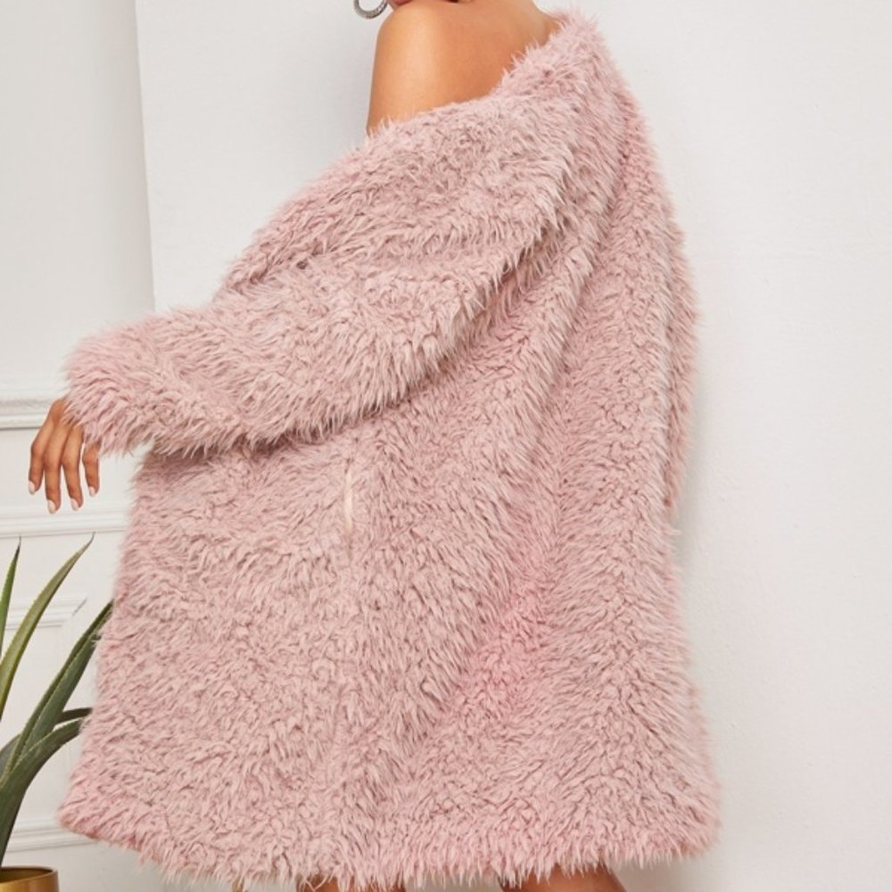 Pink oversized Open Front Fuzzy teddy Coat jacket - Picture 9 of 12